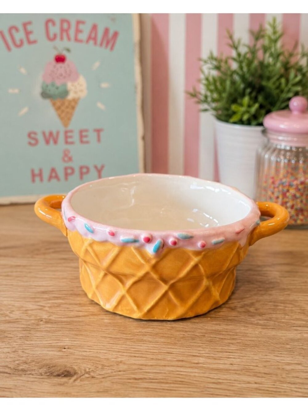 New Pink Ice Cream Cone Bowl Ceramic Dessert Dish Sprinkle Sundae Waffle Bowl